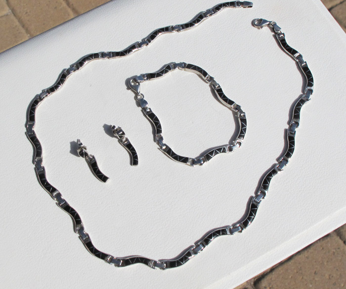 Vintage Black Onyx Inlay & Sterling Silver Necklace, Bracelet & Earring Set,sgnd
