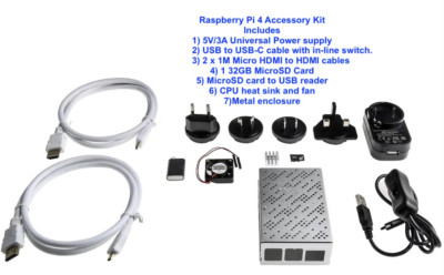 Raspberry Pi Accessory Kit USB-C power supply, Pi4 Case, 2-micro hdmi, 32 GB SD