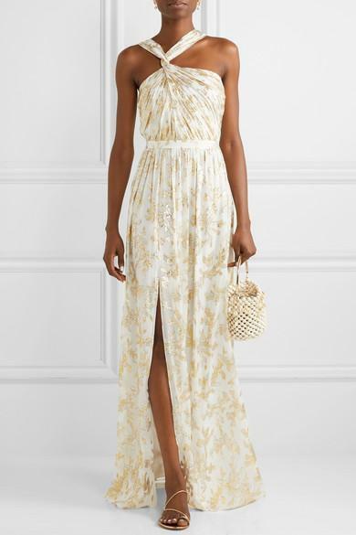 Pre-owned Rachel Zoe Bella Ecru Metallic Fil Coupe Twist Halter Dress Gown $625 12 In Multicolor