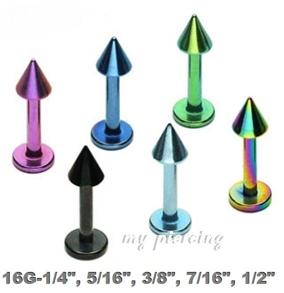 1pc. 16g~1/4", 5/16", 3/8", 7/16" Anodized Labret Monroe Tragus With Cone Spike