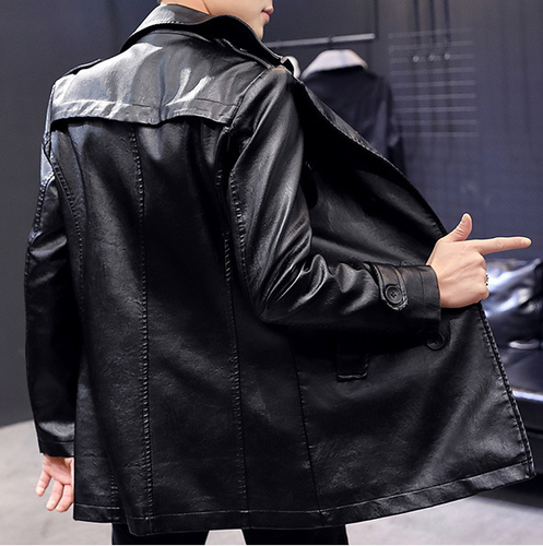 ジャケット・アウター LEATHER COMBINATION DOUBLE LAPELED COAT Trench Coat Men Long Length Lapel Collar Double Breasted