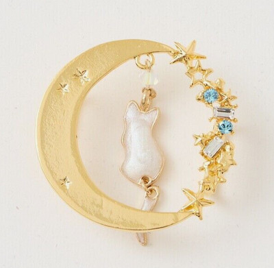 Japanese Obidome for Kimono Crescent Moon Star White Cat Metal Sash Clip 4.4cm