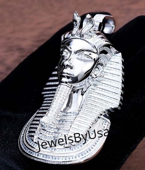 Pre-owned Nsg 3ct Baguette Moissanite Men's Egyptian King Charm Pendant 14k White Gold Plated