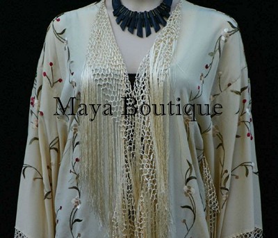Pre-owned Maya Matazaro Silk Embroidered Fringe Kimono Flapper Jacket Vanilla  Usa Made In White