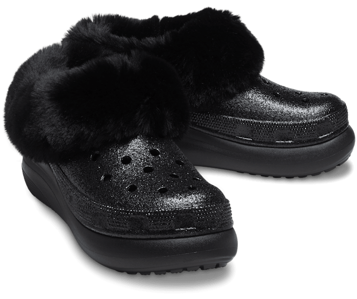 NEW! CROCS FUREVER CRUSH GLITTER Black Fur Lined Clogs