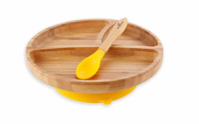 New Bamboo and Silicon Stay Put Suction Baby Plate + Spoon by Avanchy