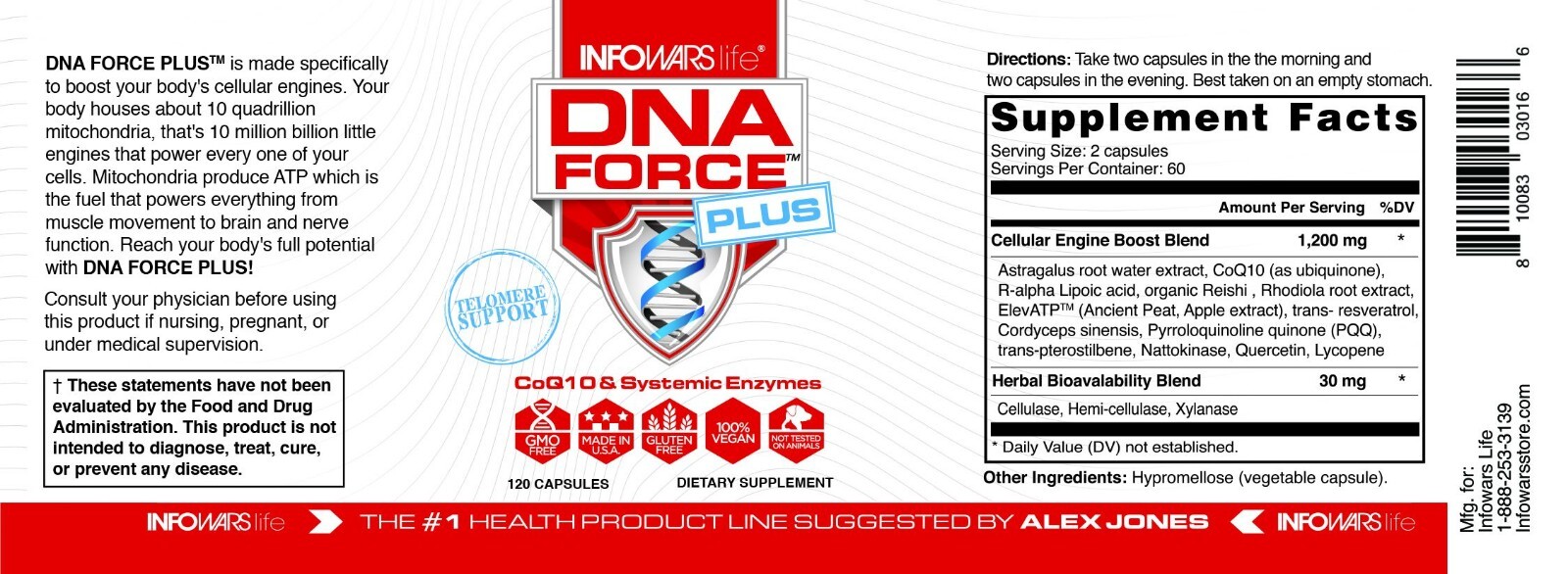 Alex Jones INFOWARS  DNA / D.N.A. Force PLUS 120 caps. CoQ10 & Systemic enzymes.
