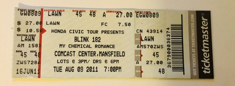 Blink 182 My Chemical Romance Ticket Stub 8/9/2011 Comcast Center Boston