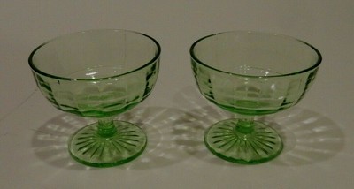 Depression Era Uranium Glass Green Block Optic Hocking Sherbets TWO Perfect    A