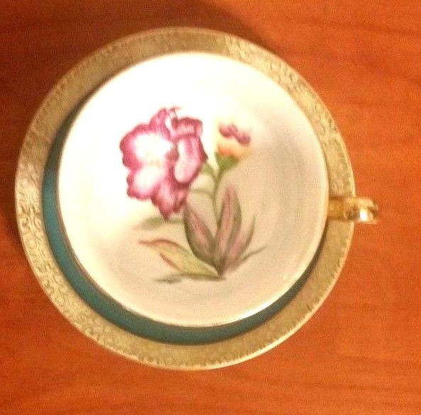 Shafford Hand Painted Japan Miniature Cup and Saucer Green & Gold W/Red Iris