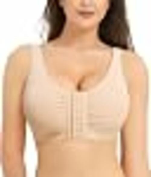 BRABIC Women's Front Closure Post Surgery Minimizer Wireless Bra Beige Large