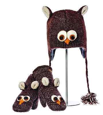 OWL HAT & MITTENS  SET knit ADULT costume FLEECE LINED Brown hoot woodsy toque