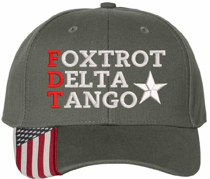 Foxtrot Tango Delta Hat Embroidered Donald Trump Hat OLIVE Adjustable hat w/Flag