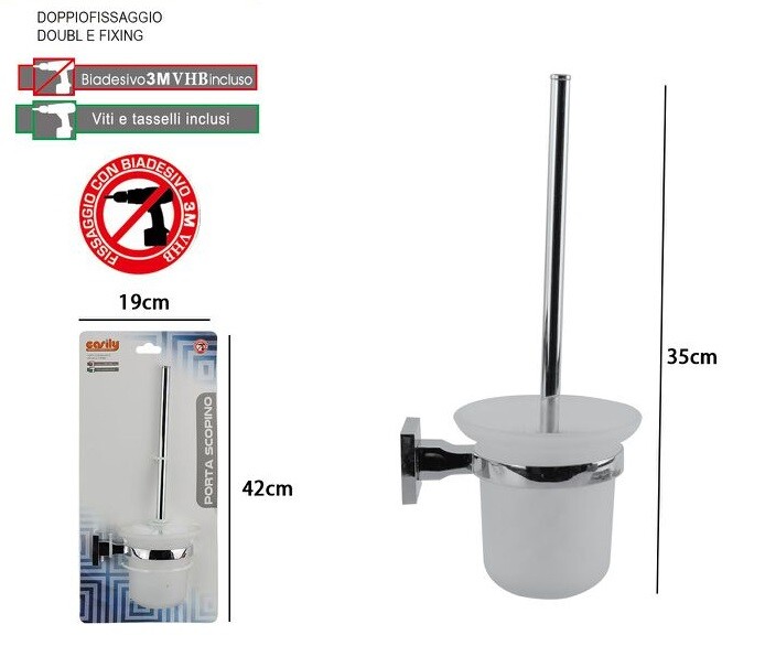 Porta Scopino WC Completo Vetro Satinato Fissaggio a Parete Bagno Square dfh