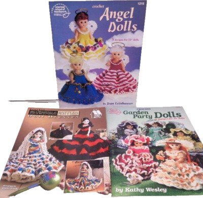 Lot of 3 Crochet Doll PATTERNS for 13'' & 15'' Plastic Dolls Fancy Dresses Ruffles