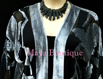 Pre-owned Maya Matazaro Silk Burnout Velvet Jacket Kimono Short Silver Black No Fringe  In Silver Gray & Black