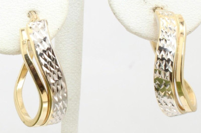 Solid 14k Two-Tone Diamond Cut Dangle Hollow Hoop Huggi Ladies Pierced Earrings