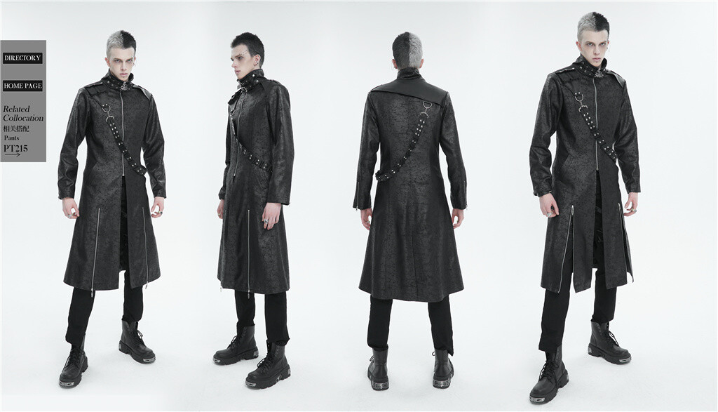 Pre-owned Devil Fashion Men's Black Gothic Punk Stand Collar Street Wear Long Trench Coat