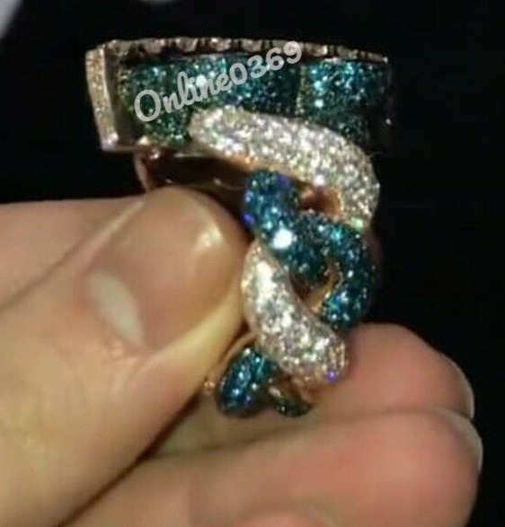 Pre-owned Online0369 4ct Baguette Emerald Cubic Zirconia Mens Custom Dollar Sign Cuban Ring Free Stud In Green