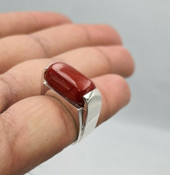 Pre-owned Handmade Natural Dark Deep Red Coral Moonga Coral Ring Marjan Unisex Ring Silver Jewelry