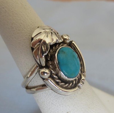 Southwestern Turquoise Stone Ring, Unmarked Silver, Signed LS, Size 6