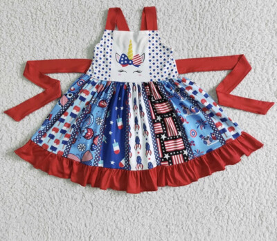 Boutique Girls Unicorn 4th Of July Patriotic USA Red/Blue/White Dress NEW 4T