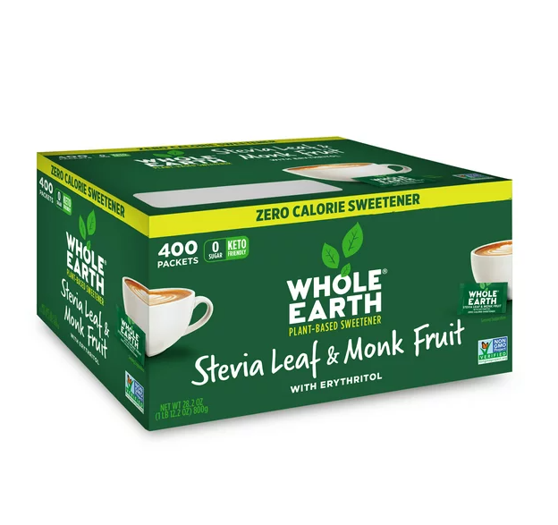 400 Packets WHOLE EARTH Stevia Leaf and Monk Fruit Natural Sweetener No