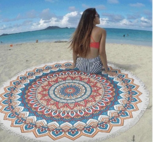 Large Round Microfiber Beach Towel Blanket Tassels Pink & Blue Feather Print