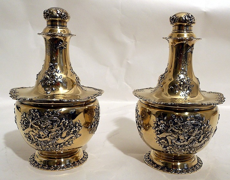A magnificent pair of sterling perfume bottles, Tiffany & Co., NY c.1891-1902