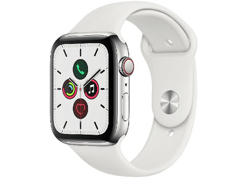 AppleWatchSeries5,44mm,GPS+Cellular,acero inox plata,Correa deportiva blanca