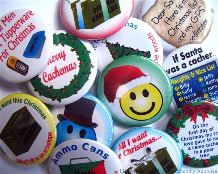 12pcs Christmas themed Geocaching Button Badge Lot (12 Designs)