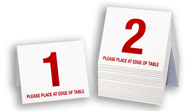 Restaurant Table Numbers 1-20, Tent Style, White w/ Red Number, Free shipping