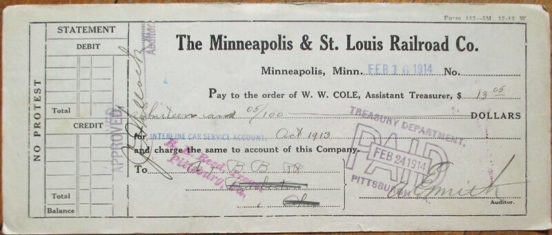 Minneapolis & St. Louis Railroad Company 1914 Bank Check - Minnesota MN MO
