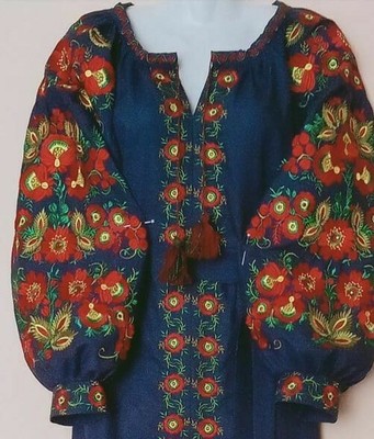 Pre-owned Galychanka Maxi Dress Boho Ukrainian Folk Ethnic Embroidery Vyshyvanka Wedding Xs-xxxxl In Blue