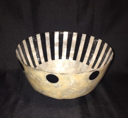 VTG Capiz Shell Decorative Bowl Centerpiece Handmade Black & White