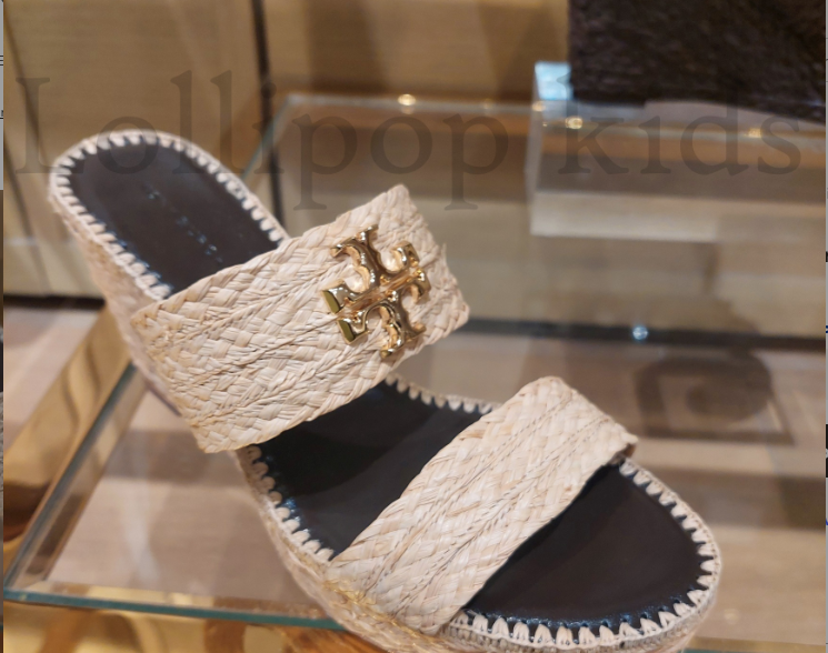 Pre-owned Tory Burch Everly Raffia Wedge Comfort Slide Sandal In Light Tan