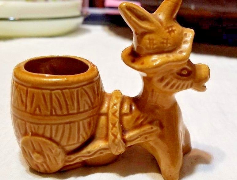 Vintage Ceramic Donkey Pulling Barrel Cart Toothpick Holder Japan