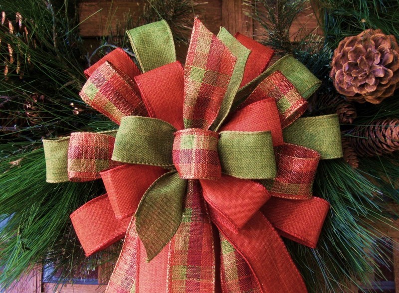 PLAID BOW ORANGE SPARKLY WIRED for WREATHS POST GARLAND CRAFTS GIFTS rb