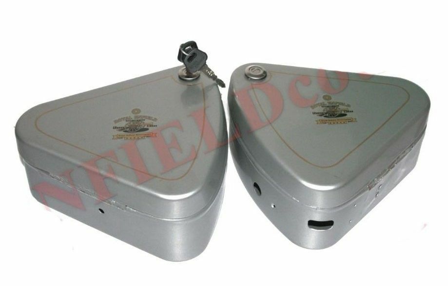 Fits Royal Enfield Early Tool Box Set Flat Lid Silver Paint Canon Logo+Lock  