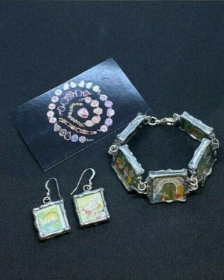 Handcrafted Mixed Media Alice in Wonderland Themed Link Bracelet & Earrings Set