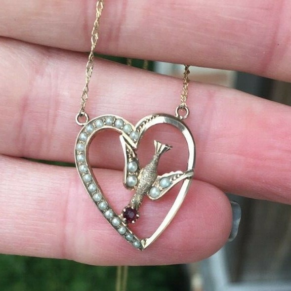Antique Art Nouveau 10k Heart Swallow Pendant Necklace Garnet