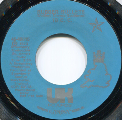 10cc - Rubber Bullets 1973 7'', Promo UK Records 45-49015 Very Good Plus (VG+)