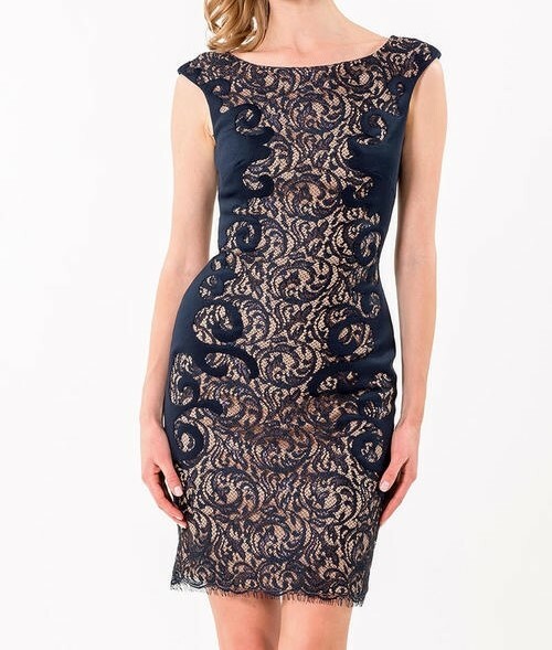 TERANI EVENING LACE EMBELLISHED BATEAU SHEATH NAVY DRESS SZ 4 $350