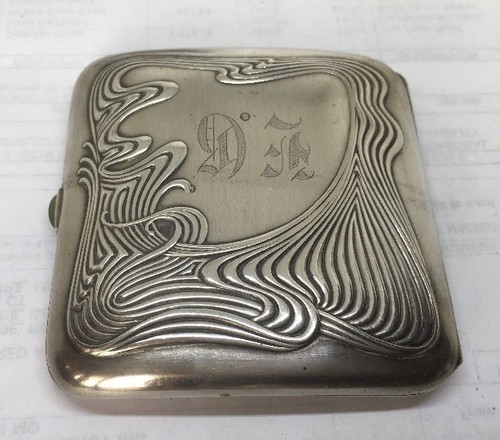 Sterling Silver Art Nouveau Cigarette Case With Jade Closure Antique Estate