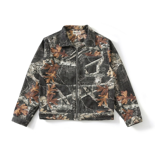 Pre-owned Stussy Men's Camouflage Maple Leaf Print Denim Cargo Jacket Size (s-xl) In Multicolor