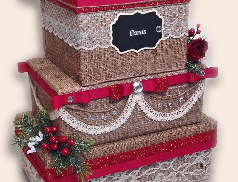 Rustic Winter Wedding Card Box,Christmas,Beige,Cake,Fabric,Wedding,burlap,red