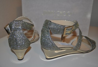 Pre-owned Jimmy Choo $675+  Chiara Strap Light Bronze Glitter Wedge Sandal Shoe Eur 36