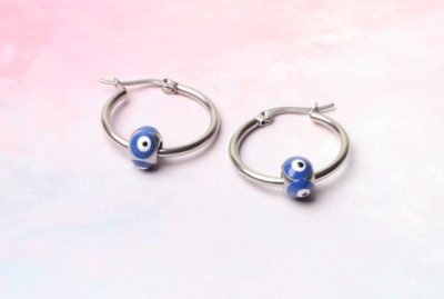 Aretes De Argollas Hipoalergénicos Ojo Turco  Acero Inoxidable Plateado 
