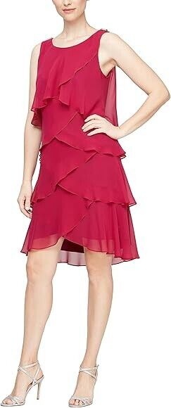 SL Fashions Tiered Chiffon Dress Women's 4 Wineberry Ruffled Scoop Neck Pullover - Picture 1 of 15