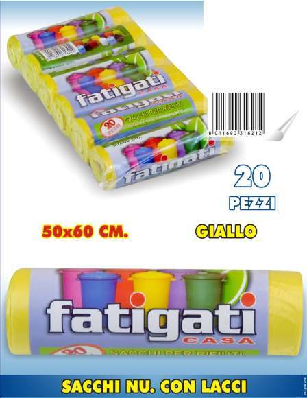 Set 12 Confezioni Di 20 Sacchi Rifiuti Spazzatura Con Legacci 50x60cm Gialli dfh
